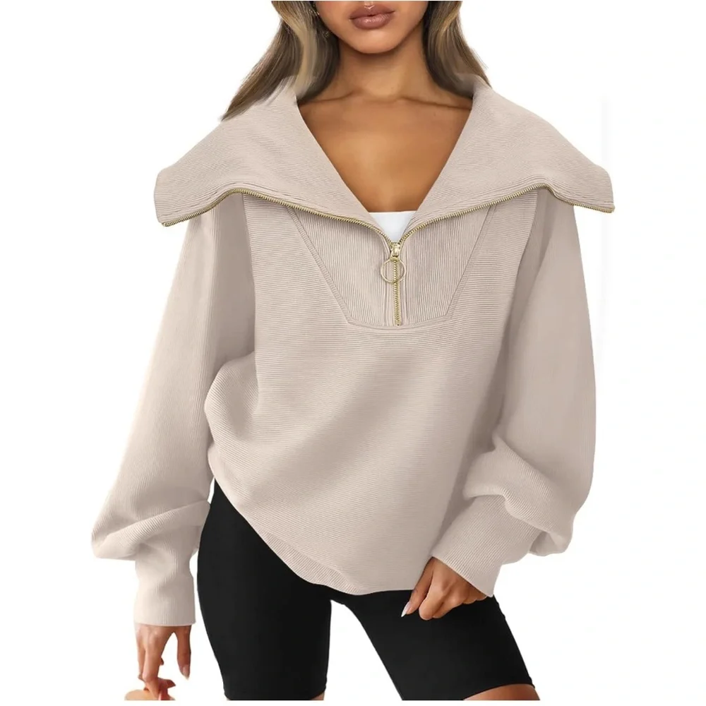Trendy Queen Half Zip Pullover Sweatshirt Size Large NEW Beige - Picture 14 of 14